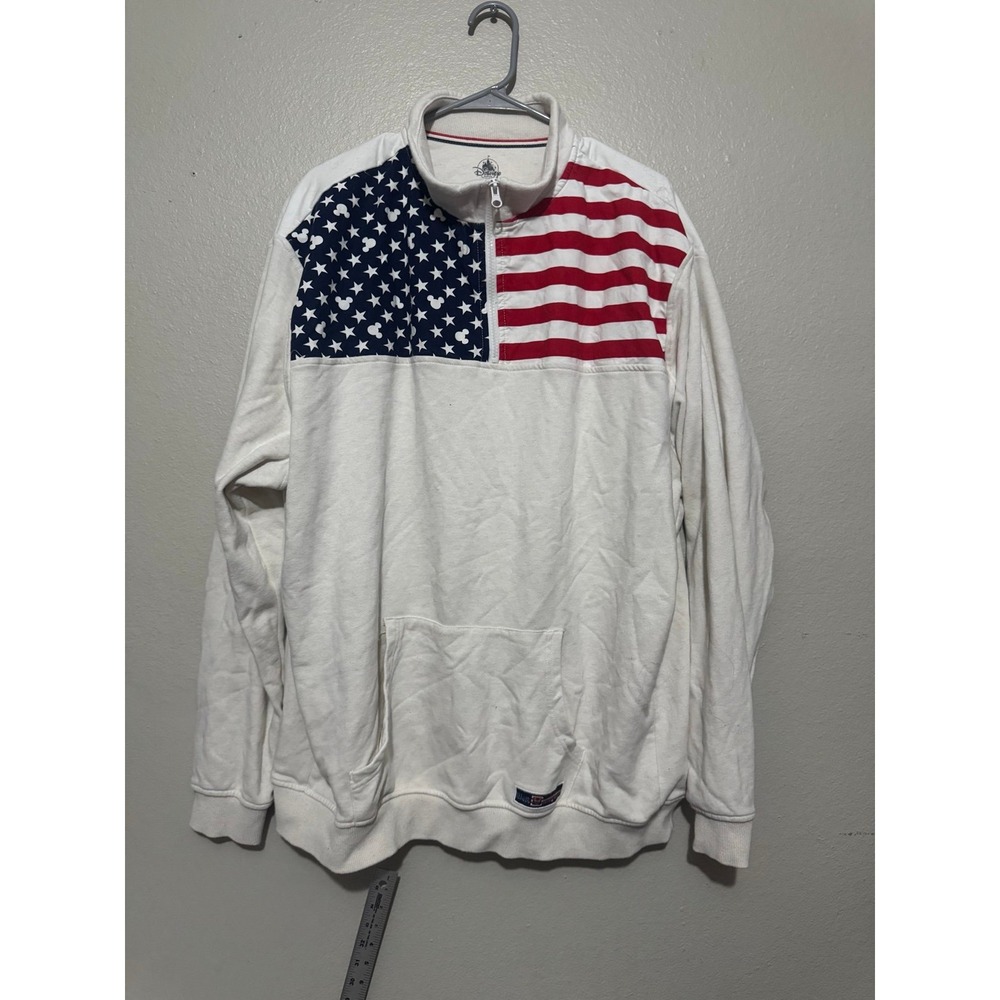 Disney 1/4 Zip Flag Adult Size‎ S Red White Blue Pocket Sweatshirt Pullove